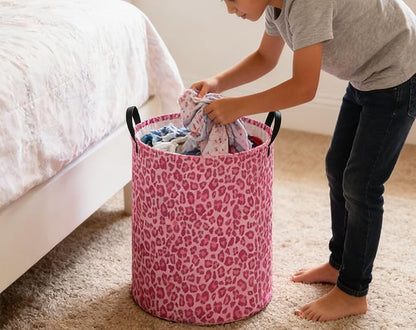 Kids Laundry Basket Pink Hamper for Nursery Hamper Cute Kids Storage Bin Room Decor for Home(Pink leopard print)