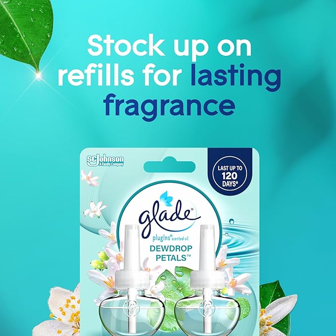 Glade PlugIns Refills Air Freshener, Dewdrop Petals, Scented and Essential Oils for Home and Bathroom, 0.67 Fl Oz, 2 Count