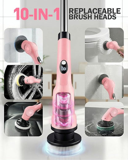 Electric Spin Scrubber, 3-Speed Cordless Shower Scrubber with 90° Adjustable & 10 Replaceable Brush Heads, 90 Mins Runtime & Full-Body IPX7 Waterproof Shower Cleaner Brush with Long Handle