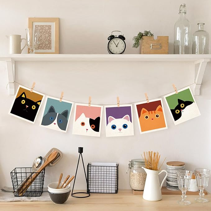 Morigins Cute Cat Swedish Dish Clothes Pack of 6, Reusable, Absorbent Hand Towels for Kitchen, Bathroom and Cleaning Counters Cellulose Sponge Cloth