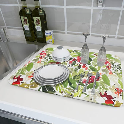 Watercolor Christmas Dish Drying Mat 18 x 24 Inch With Absorbent Reversible Microfiber Green Leaves Red Berry Xmas Drying Mats Winter Holiday Dish Drainer Mat Fast Dry For Kitchen Dining Room