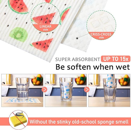 Patelai Mixed Fruit Swedish Kitchen Dishcloths Reusable Dish Towels Absorbent and Fast Dry Cleaning Cloths for Kitchen Blueberry Cherry Strawberry Lemon Pineapple Watermelon Cleaning Wipes (6 Count)