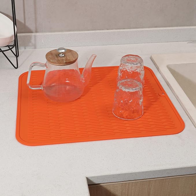 MicoYang Silicone Dish Drying Mat for Multiple Usage,Easy clean,Eco-friendly,Heat-resistant Silicone Mat for Kitchen Counter or Sink,Refrigerator or Drawer Liner Orange 2XL 24 inches x 18 inches