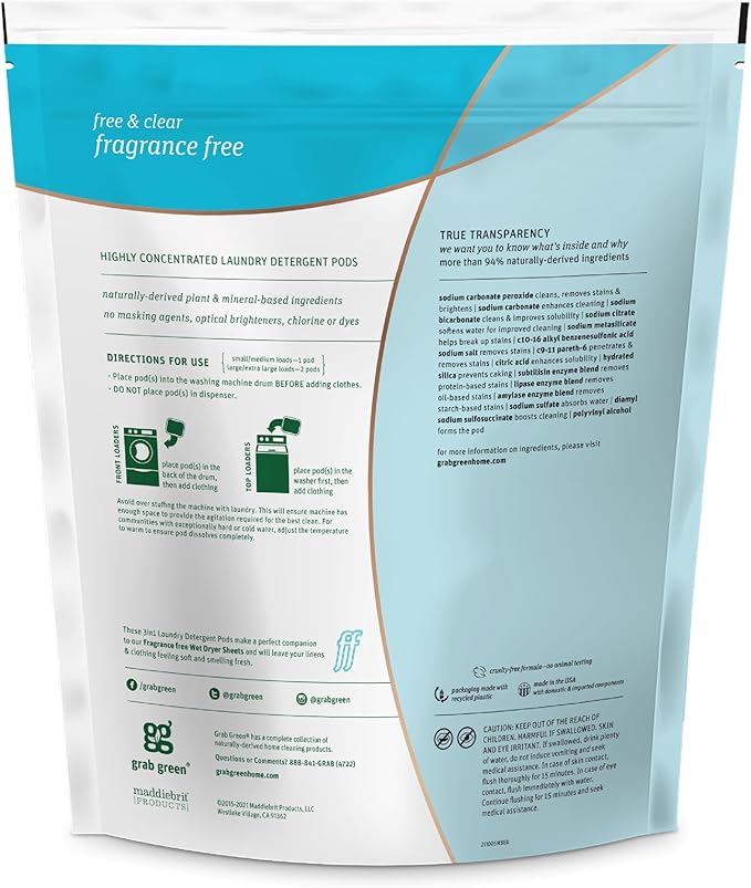 Grab Green Natural 3 in 1 Laundry Detergent Pods, Free & Clear/Unscented, 60 Loads, Fragrance Free, Organic Enzyme-Powered, Plant & Mineral-Based, 34 Ounce