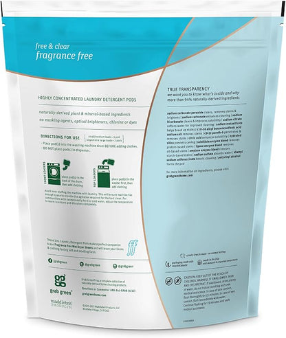 Grab Green Natural 3 in 1 Laundry Detergent Pods, Free & Clear/Unscented, 60 Loads, Fragrance Free, Organic Enzyme-Powered, Plant & Mineral-Based, 34 Ounce