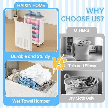 HAIXIN HOME Slim Laundry Hamper with Lid, 50L Plastic Tall Laundry Basket with Wheels, Compact Size for Narrow Space, Rolling Laundry Cart with Handle for Easy Transport to Laundry Room