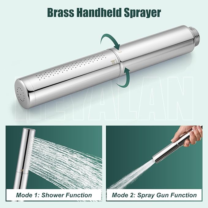 Heyalan Brass 2 in1 Function Handheld Spray Hand Shower High Pressure Handheld Sprinklert Shower Wand with Shower Hose and ABS Hand Shower Holder, Polished Chrome