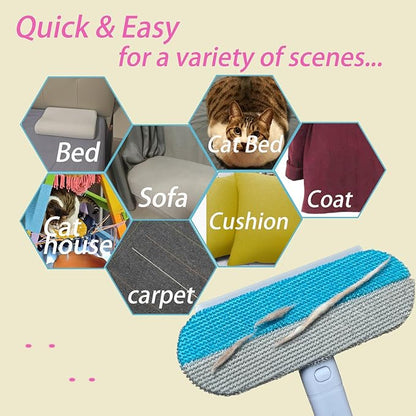 Reusable Pet Hair Remover Brush Cat Dual-Fabric Efficient Pet Hair Removal Tool for Couch, Beds, Carpet Long Handle Cats Hairs Remover Easy Pet Hairs Remove Brush 4 in 1 Kitten Puppy Rabbit Fur Clean