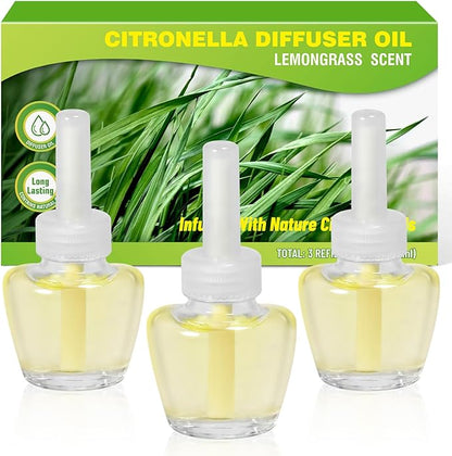 Citronella Plug in Air Freshener Refills, Lemongrass Fragrance, Scented and Essential Oils for Home and Bathroom, Indoor Outdoor, 3 Count, Compatible with Air Wick, Compatible with Glade