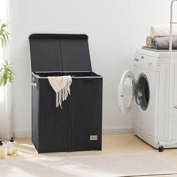 Dual Laundry Hamper with Lid and 2 Removable Liners, 145L Laundry Basket, 2 Sections for Easy Sorting, Collapsible Design, Dirty Clothes Hampers, Bedroom, Dorm, College, Black