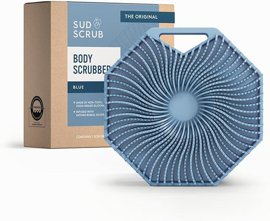 Sud Scrub® Antimicrobial Silicone Body Scrubber, Exfoliating Body Brush for Sensitive Skin, Antibacterial Shower Scrubber for Body, Bathroom Essentials for Men & Women, Blue
