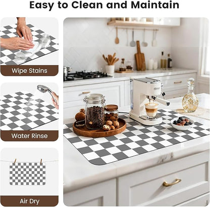 17" x 32" Checkered Dish Drying Mat for Kitchen Counter, Absorbent Coffee Bar Mat for Espresso Machine Coffee Countertops Accessories (Grey)