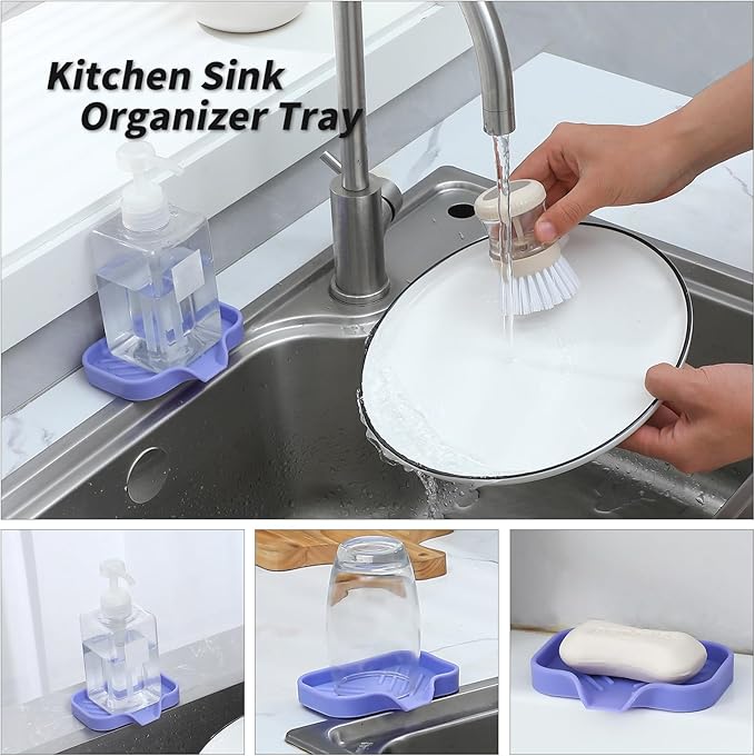 MicoYang Silicone Bathroom Soap Dishes with Drain Spout-Bathroom and Kitchen Sink Organizer,Sponge Holder,Dish Soap Tray,Perfect for Dispenser,Scrubber,Bottle on Sink or Counter-Light Purple 4.9"×3.2"