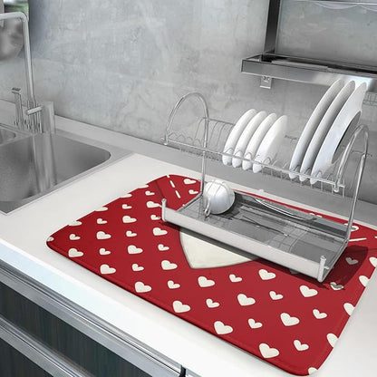 Valentines Day Dish Drying Mat for Kitchen Counter 18x24 Cream Red Love Heart Valentines Holiday Themed Absorbent Reversible Microfiber Drying Mats Kitchen Countertop Protector Dishes Drainer Pad