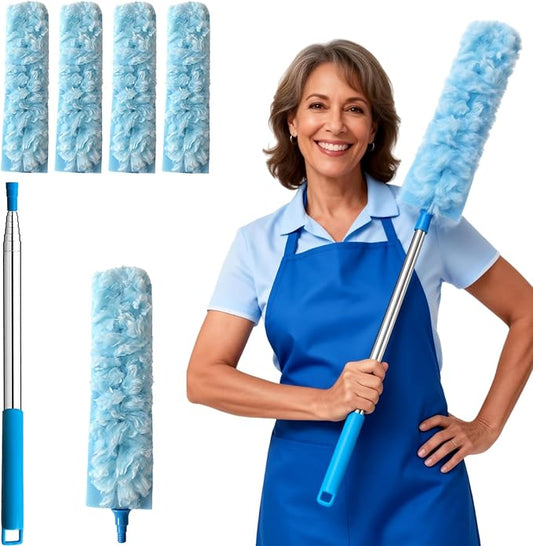 100 Inch Extended Handle Duster Heavy Duty Dusting 360° Duster Refills Kit, Microfibers Multi-Surface Dusters. Efficient Duster Kit for Cleaning Pet Hair, Home, Office, Blinds, Furniture (Blue)