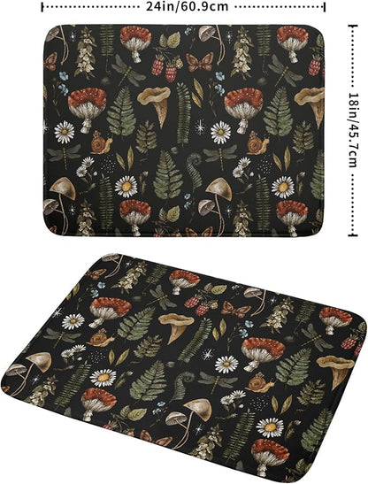 Mushroom Fern Leaves Berry Dish Drying Pad 18 x 24 Inch with Absorbent Reversible Microfiber Vintage Botanical Nature Forest Black Drying Mats For Kitchen Counter Dining Room Decoration