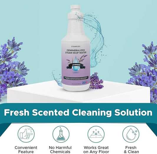Steam & Go Demineralized Water for Steam Cleaner - PVC-Free Floor Cleaning Solution Compatible for All Steam Mops - Multi-Surface Cleaner for Home Surfaces - Lavender Scent, 32 oz (Pack of 18)