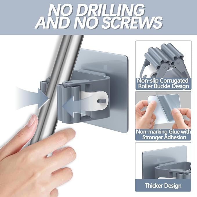3-H 24-Pack Self Adhesive Broom Holder Wall Mount - Heavy Duty No Drill Broom Organizer for Garage Closet Kitchen, Plastic Storage Rack for Brooms Mops Tools, Peel and Stick Adhesive,Grey