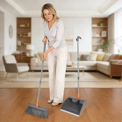 Broom and Dustpan Set, Self Cleaning with Metal Dustpan Teeth, Indoor&Outdoor Sweeping, Ideal for Dog Cat Pets Home Use, Stand Up Broom and Dustpan, Orange&Grey