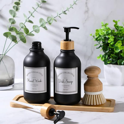 Zopeal 4 Pcs 16 oz Kitchen Soap Dispenser Set with Bamboo Tray and Dish Brush Plastic Soap Dispenser Set with Waterproof Labels for Hand Dish Lotion(Frosted Black)