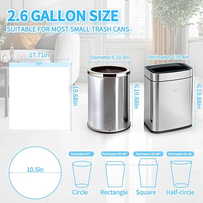 200 Count Small Trash Bags for 2.6-Gallon (10 L) Trash Cans,Thick Pre-separated Garbage Bags,Mini Wastebasket can Liners for Bathroom Bedroom Office(White)