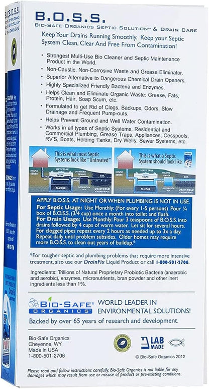 B.O.S.S. Septic Tank Treatment - 12.5oz Powder - 24 Drain or 5 Septic Doses - Patented Bacterial Enzyme - 100% Treats Odors Clogs Backups Pumpouts & Repairs - Works in All Septic Systems - Made in USA
