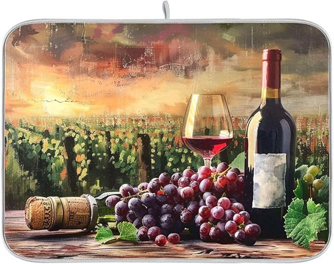 Grapes Wine Glass Bottle Dish Drying Mat for Kitchen Counter Absorbent Microfiber Drying Pad, Large 18x24 in