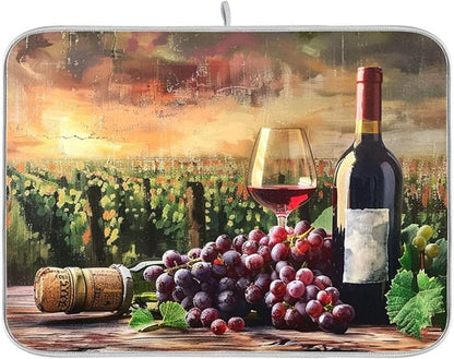 Grapes Wine Glass Bottle Dish Drying Mat for Kitchen Counter Absorbent Microfiber Drying Pad, Large 18x24 in