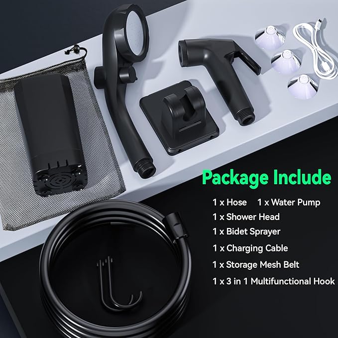 Clirass Portable Shower for Camping, 6000mAh Rechargeable Camping Shower Pump with Power & Temperature Display, Shower Head and Bidet Sprayer,Outdoor Shower Pump for Hiking, Travel, Pet