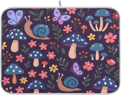 Mushroom with Snails Dish Drying Mat Absorbent Kitchen Pads for Counter Kitchen Dish Dryer 18 x 24 Mat under Dish Drainer