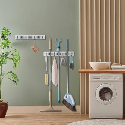 OUTNILI 2 Pack White Mop Broom Holder Wall Mount with 3 Slots & 4 Hooks - Rustic Wood Broom Mop Hanger for Pantry Kitchen Organization - Garden Tool Organizer for Closet Laundry Room