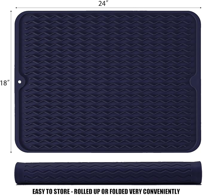 Large 24" x 18" Silicone Dish Drying Mat for Kitchen Counter, Easy clean, Quick Dry, Heat-resistant Dish Drainer Mat for Sink,Refrigerator or Drawer liner (Food Grade Silicone-Dark Blue)