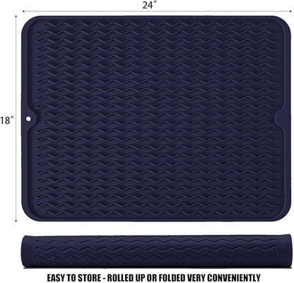 Large 24" x 18" Silicone Dish Drying Mat for Kitchen Counter, Easy clean, Quick Dry, Heat-resistant Dish Drainer Mat for Sink,Refrigerator or Drawer liner (Food Grade Silicone-Dark Blue)