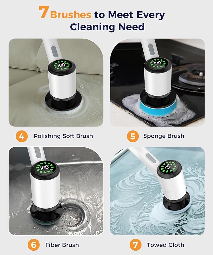 Electric Spin Scrubber, Cordless Cleaning Brush with 7 Replaceable Brush Heads, 2-Speed Adjustable Handle Shower Scrubber, IPX7 Waterproof for Bathroom, Tub, Tile & Floor, Teens, White-qb1