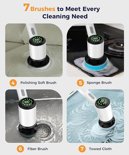 Electric Spin Scrubber, Cordless Cleaning Brush with 7 Replaceable Brush Heads, 2-Speed Adjustable Handle Shower Scrubber, IPX7 Waterproof for Bathroom, Tub, Tile & Floor, Teens, White-qb1