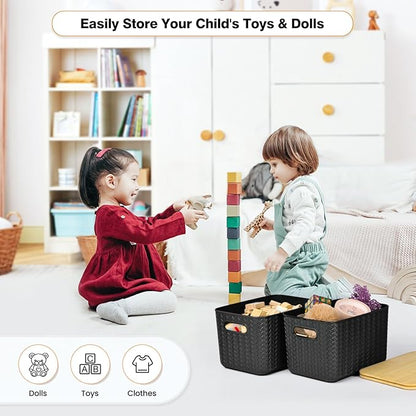 4 Packs Storage Bins with Bamboo Lids - Plastic Storage Containers with Lids Stackable Storage Box: Storages Baskets for Organizing Desktop Closet Playroom Classroom Office, Black