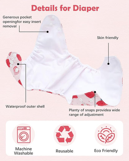 Babygoal Baby Cloth Diaper 6 Pack with 6pcs Inserts and Wet Bag for Fitted Diapers and Prefolds, Adjustable and Reusable Covers for Toddler Boys and Girls