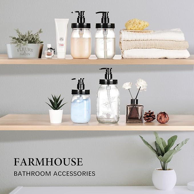 Amolliar Plastic Mason Jar Soap Dispenser with Pump Lid,16OZ Refillable BPA-Free Hand Soap Dispenser Set with Cute Lables - Farmhouse Decor for Kitchen/Bathroom,Liquid Soap,Dish Soap, Lotion (4 Pack)