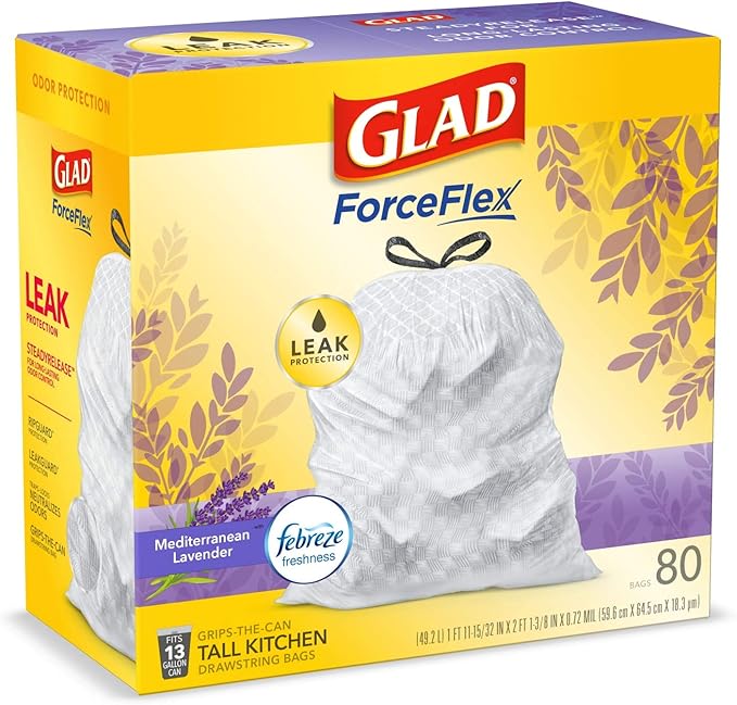 Glad ForceFlex Tall Kitchen Trash Bags, 13 Gallon, Gain Lavender, 80 Count (Package May Vary)