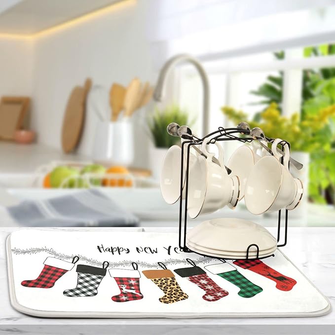Super Absorbent Dish Drying Mat, Microfiber Fast-Drying Dish Mat, 24" x 18", Kitchen Dish Drying Pad, Christmas Stockings