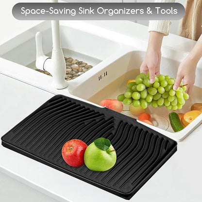 Large Premium Silicone Dish Drying Mat for Kitchen Counter - 18.5"x13" Non-Slip, Heat-Resistant (450°F) with Fast Drain & Hanging Hole, Multi-Use Kitchen Sink Drying Mat (Black)