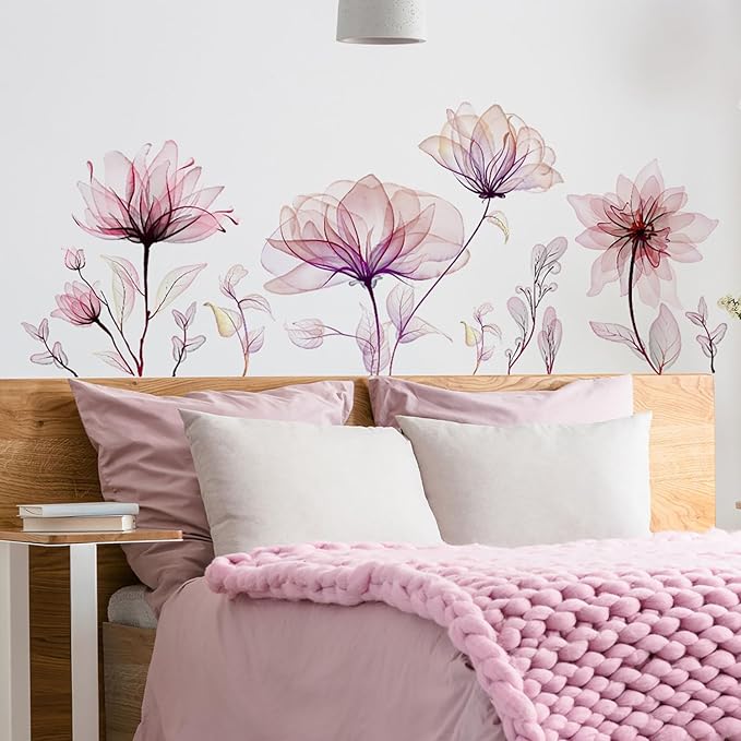 Watercolor Flowers Wall Decals - Removable Vinyl Peel & Stick Floral Wall Art for Girls Boys Nursery Bedroom Living Room Decor