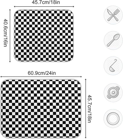 Black White Checkered Pattern Dish Drying Mat for Kitchen Counter Absorbent Microfiber Drying Pad, Medium 16x18 in, Reversible Drainer Mats