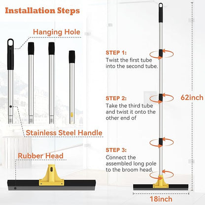Large Heavy-Duty Floor Squeegee, 18” Rubber Blade Broom & 62” Long Handle Floor Squeegee for Concrete, Bathroom Tile, Garage Concrete, Deck, Shower Glass, Window Cleaning