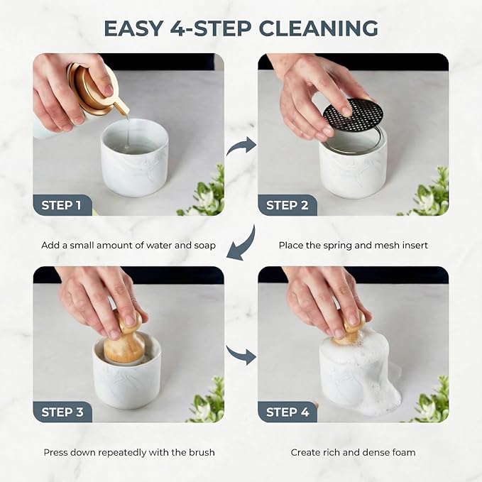 ONEMORE Bamboo Dish Brush with Ceramic Foaming Base, Kitchen Sink Scrub Brush Set with Spring and Mesh Insert, Wooden Handle Dishwashing Brush for Pots Pans Plates Bowls, Marble