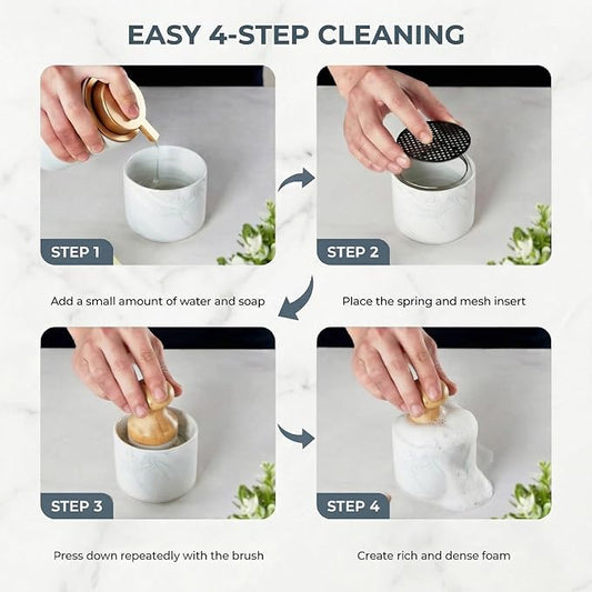 ONEMORE Bamboo Dish Brush with Ceramic Foaming Base, Kitchen Sink Scrub Brush Set with Spring and Mesh Insert, Wooden Handle Dishwashing Brush for Pots Pans Plates Bowls, Marble