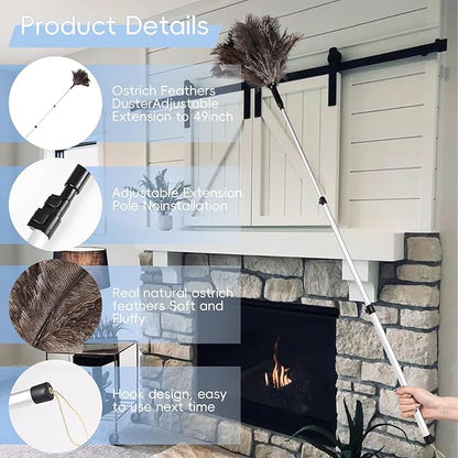 THARAHT Extendable Ostrich Feather Duster up to 25-49 inches Fluffy Feathers Long Handle Reusable for Cleaning Ceiling Fan Pendant lamp High Ceiling Blinds Furniture Feather Duster