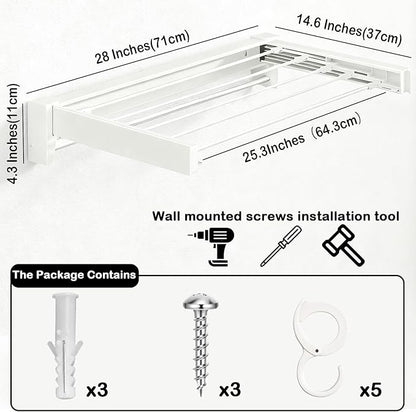Wall Mounted Clothes Drying Rack 27 inches,Foldbale Laundry Drying Rack 6 Rods,Hidden Drying Rack Clothing,Retractable,Collapsible,Screws Needed Folding Laundry Rack (White, Medium)