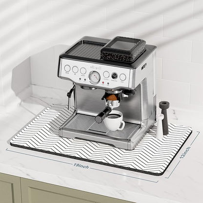 Rnivvi Coffee Mat, 12" x 19" Cute Coffee Bar Mats for Espresso Machine Station Accessories and Organizer, Hide Stain Rubber Backed Absorbent Dish Drying Pad for Kitchen Counter, White Strip
