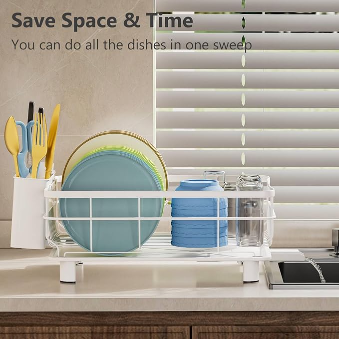 AIDERLY Iron Dish Drying Rack Auto Drain Dish Drainers Kitchen Counter Strainer with Draining Tray, All White